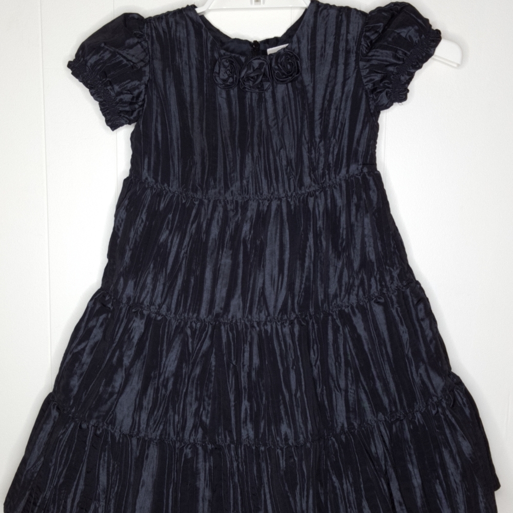 Hanna Andersson Fancy Girls Black Dress 110 Size 5 Short Sleeves Rosettes